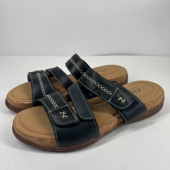 Clarks Shoes - Clarks Roseville Bay Women's US 9M Black Leather Comfort Strappy Slide Sandals
